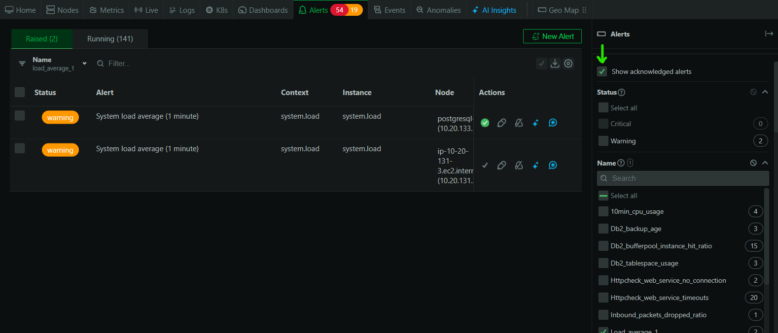 Toggling acknowledged alerts back into the alerts view.