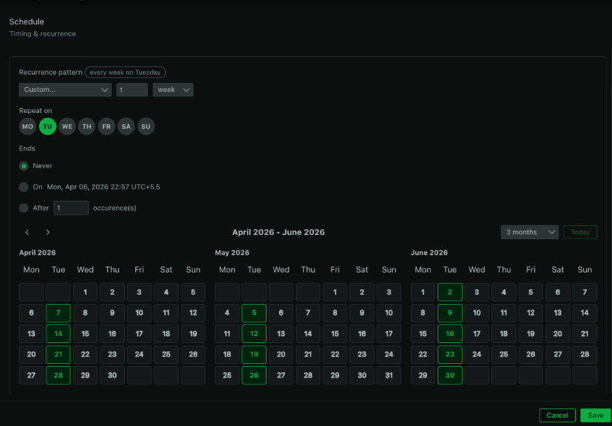 Previewing upcoming occurrences of a recurring silencing rule before saving.