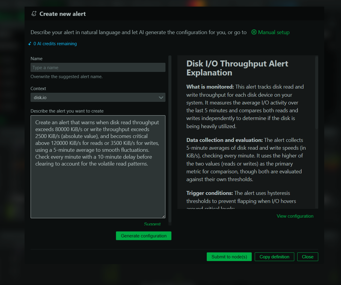 Netdata AI providing a clear, line-by-line explanation of a complex alert definition.