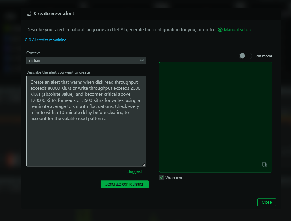 Netdata AI providing a clear, line-by-line explanation of a complex alert definition.