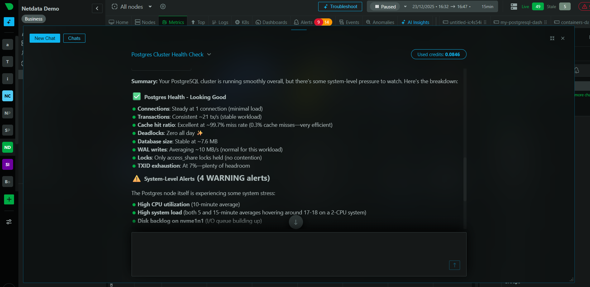 The new Real-Time Conversations interface in Netdata Cloud, showing a history of conversations.