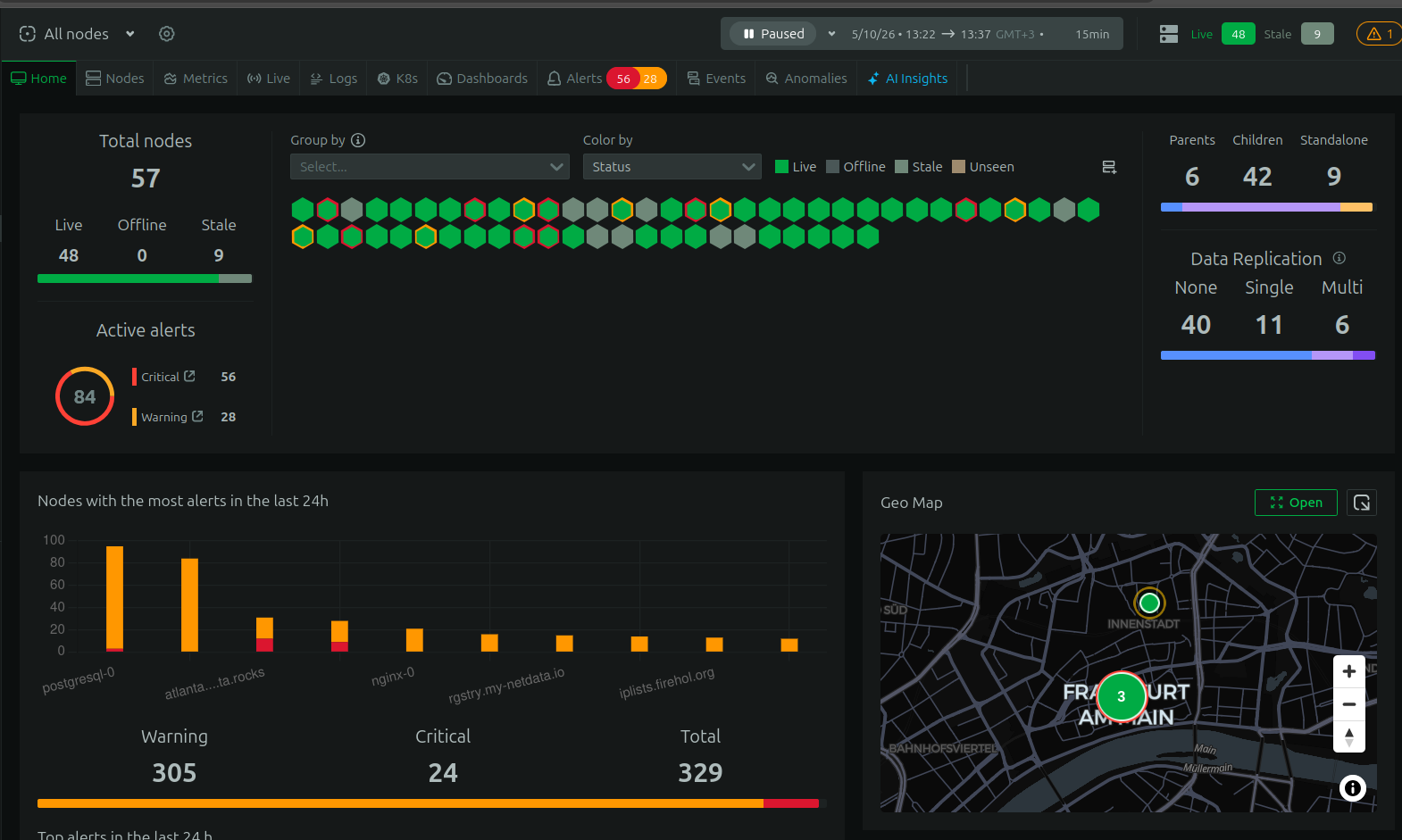 The geo map widget on the Netdata home tab showing nodes at their geographic locations.