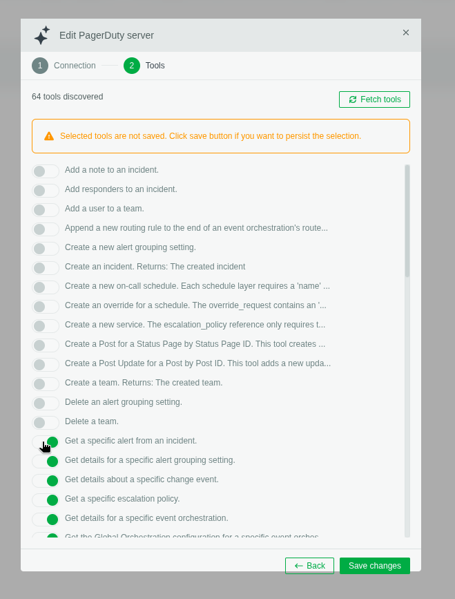 Selecting which read-only tools to enable for a PagerDuty MCP connection, out of 64 tools discovered.